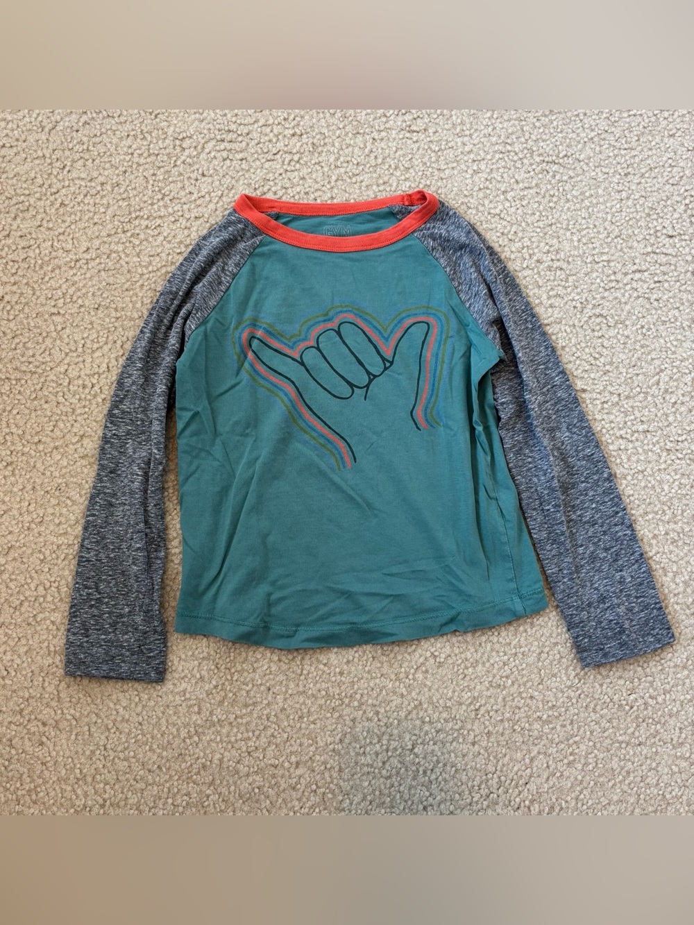 Gymboree Kids Long-Sleeve Raglan Tee with Shaka Graphic - Teal & Gray Size 5/6